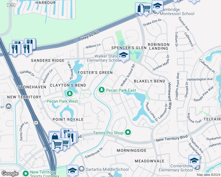 map of restaurants, bars, coffee shops, grocery stores, and more near 6026 Amelia Terrace Court in Sugar Land