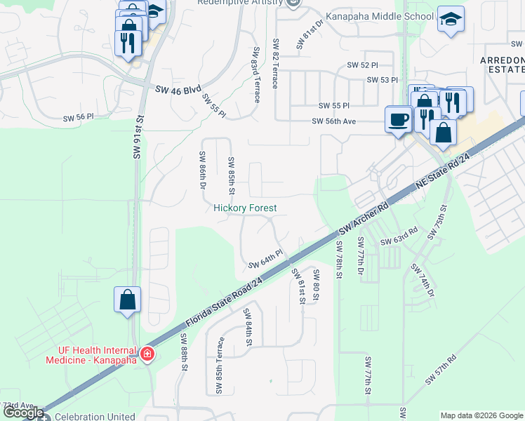 map of restaurants, bars, coffee shops, grocery stores, and more near 8214 Southwest 61st Place in Gainesville