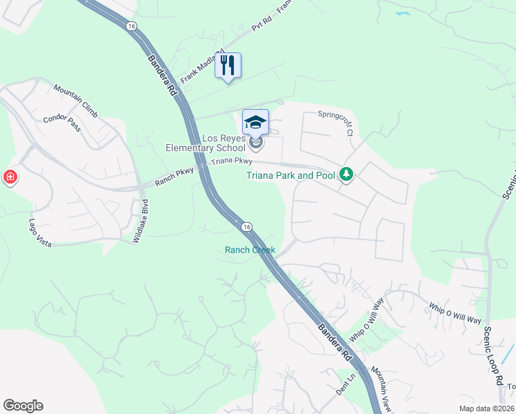 map of restaurants, bars, coffee shops, grocery stores, and more near 16532 Bandera Road in Helotes