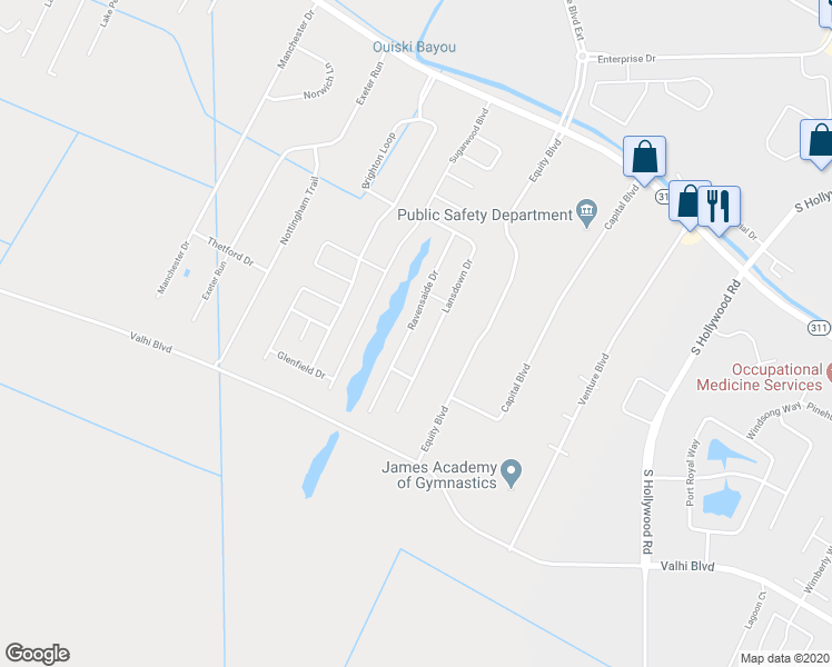 map of restaurants, bars, coffee shops, grocery stores, and more near 205 Ravensaide Drive in Houma