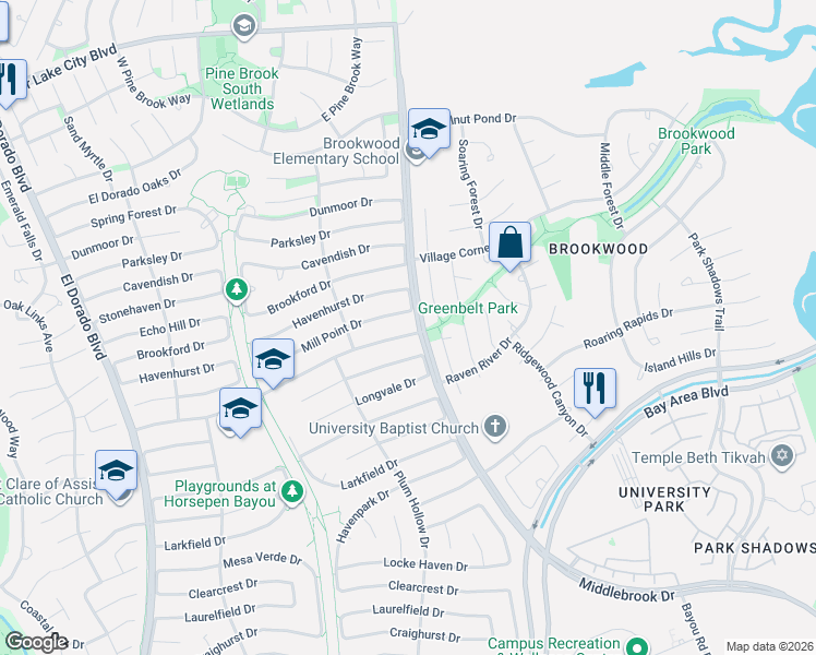 map of restaurants, bars, coffee shops, grocery stores, and more near 16451 Mill Point Drive in Houston