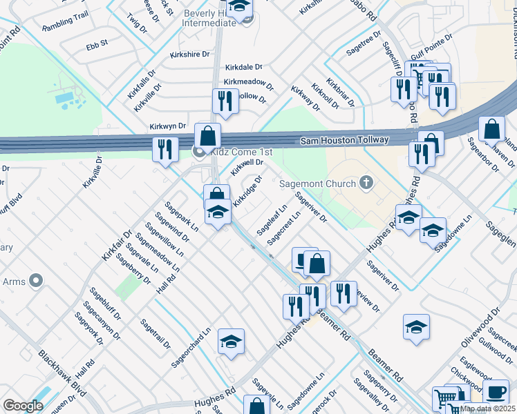 map of restaurants, bars, coffee shops, grocery stores, and more near 11717 Beamer Road in Houston
