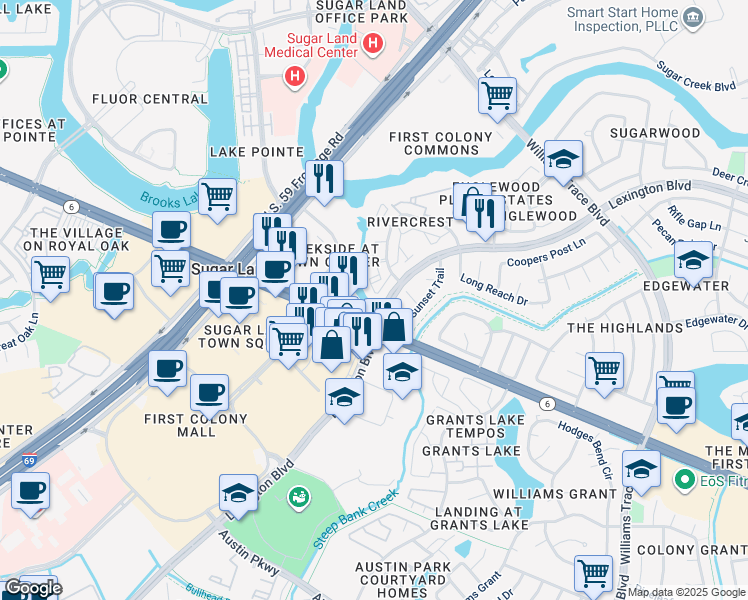 map of restaurants, bars, coffee shops, grocery stores, and more near 1800 Rivercrest Drive in Sugar Land