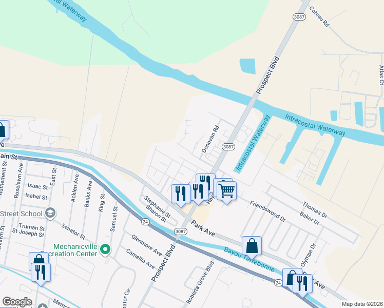 map of restaurants, bars, coffee shops, grocery stores, and more near 100 Pugh Court in Houma