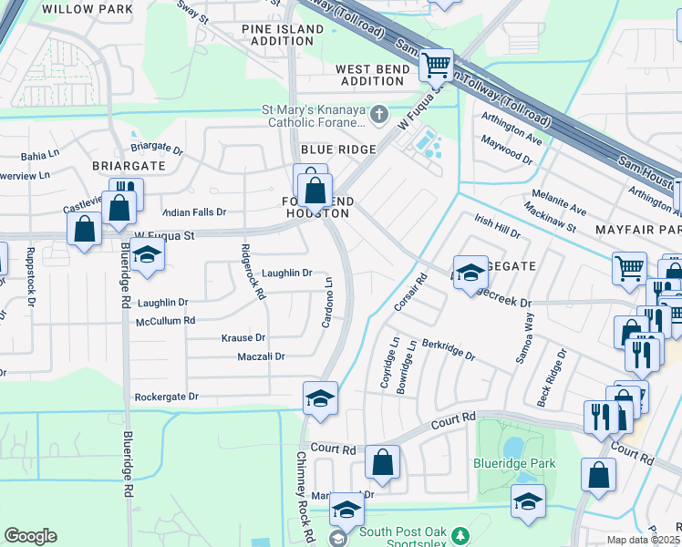 map of restaurants, bars, coffee shops, grocery stores, and more near 15762 Chimney Rock Road in Missouri City