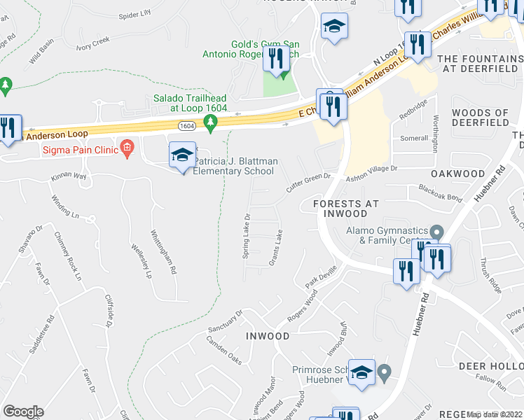 map of restaurants, bars, coffee shops, grocery stores, and more near 7 Weyfield in San Antonio