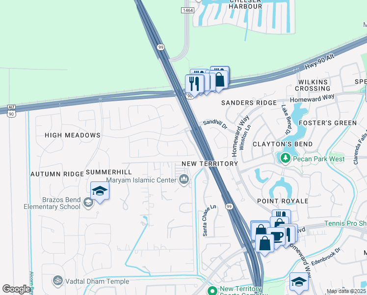 map of restaurants, bars, coffee shops, grocery stores, and more near 4818 Silverlake Drive in Sugar Land