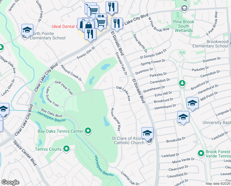 map of restaurants, bars, coffee shops, grocery stores, and more near 3520 Acorn Wood Way in Houston