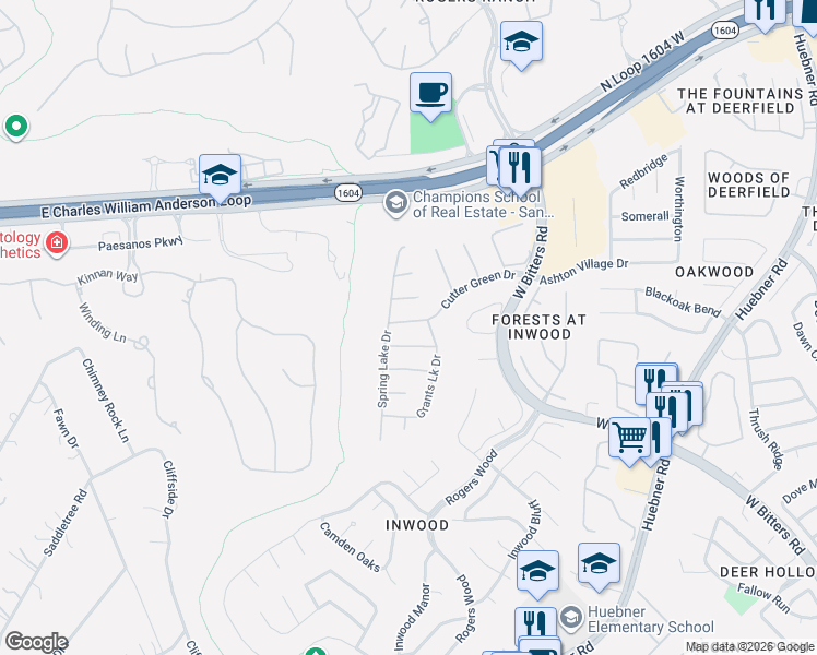 map of restaurants, bars, coffee shops, grocery stores, and more near 7 Weyfield in San Antonio