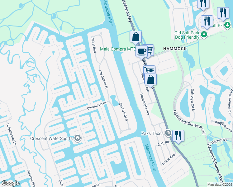 map of restaurants, bars, coffee shops, grocery stores, and more near 70 Old Oak Drive South in Palm Coast