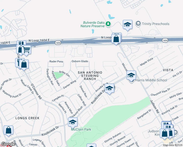 map of restaurants, bars, coffee shops, grocery stores, and more near 17206 Eldon Rock in San Antonio