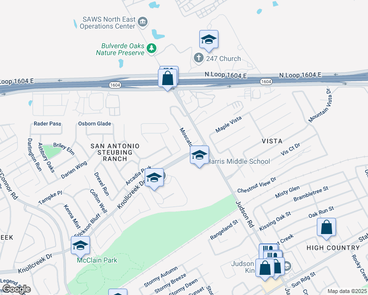 map of restaurants, bars, coffee shops, grocery stores, and more near 17110 Granger Patch in San Antonio