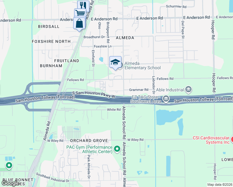 map of restaurants, bars, coffee shops, grocery stores, and more near 193 Grammar Road in Houston