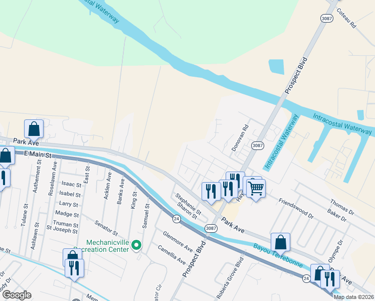 map of restaurants, bars, coffee shops, grocery stores, and more near 9277 Port Au Prince Court in Houma