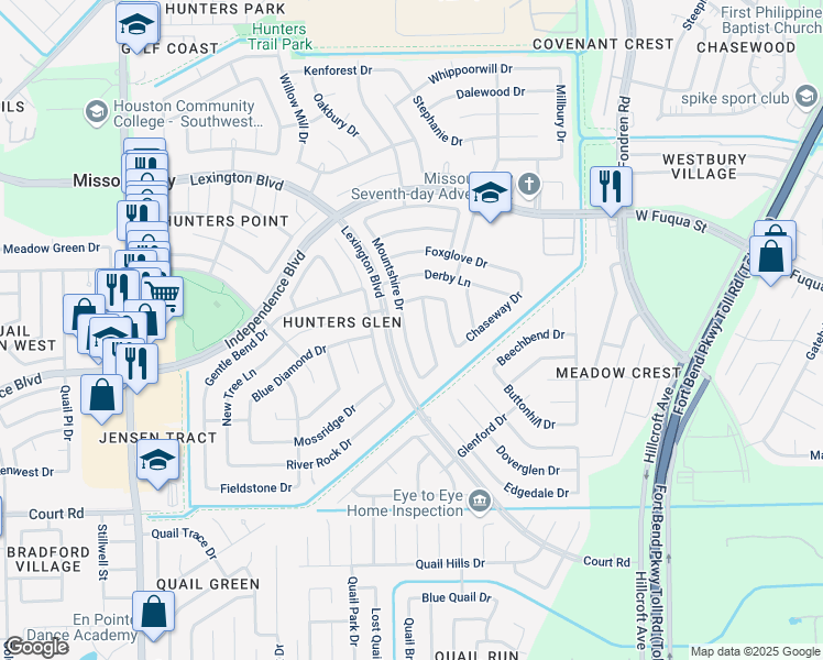 map of restaurants, bars, coffee shops, grocery stores, and more near 2110 Heatherwood Drive in Missouri City