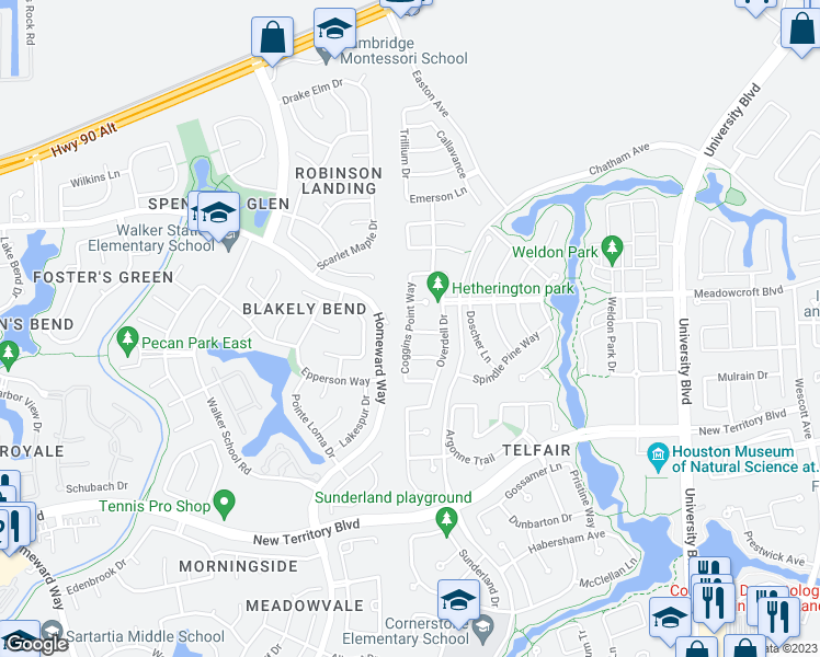 map of restaurants, bars, coffee shops, grocery stores, and more near Cogginpoits Way in Sugar Land