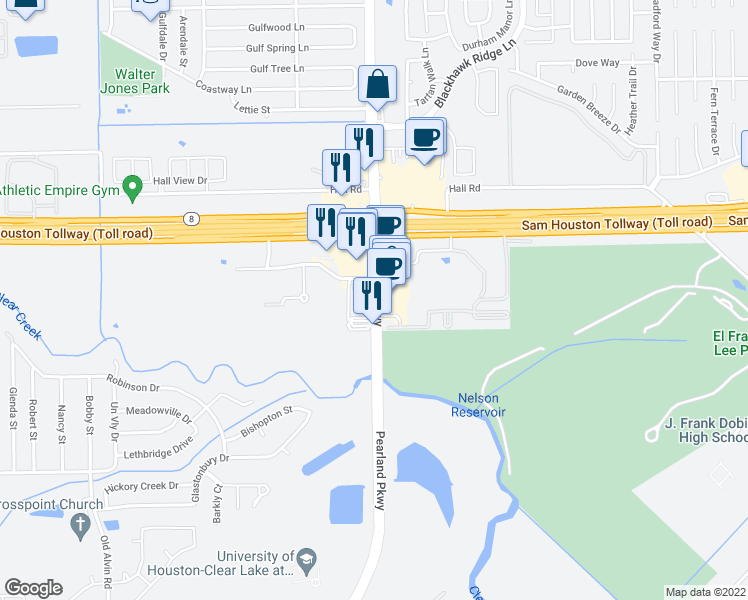 map of restaurants, bars, coffee shops, grocery stores, and more near 11576 Pearland Parkway in Houston