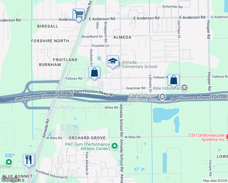 map of restaurants, bars, coffee shops, grocery stores, and more near 193 Grammar Road in Houston