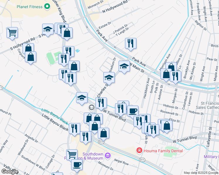 map of restaurants, bars, coffee shops, grocery stores, and more near 315 Saint Charles Street in Houma