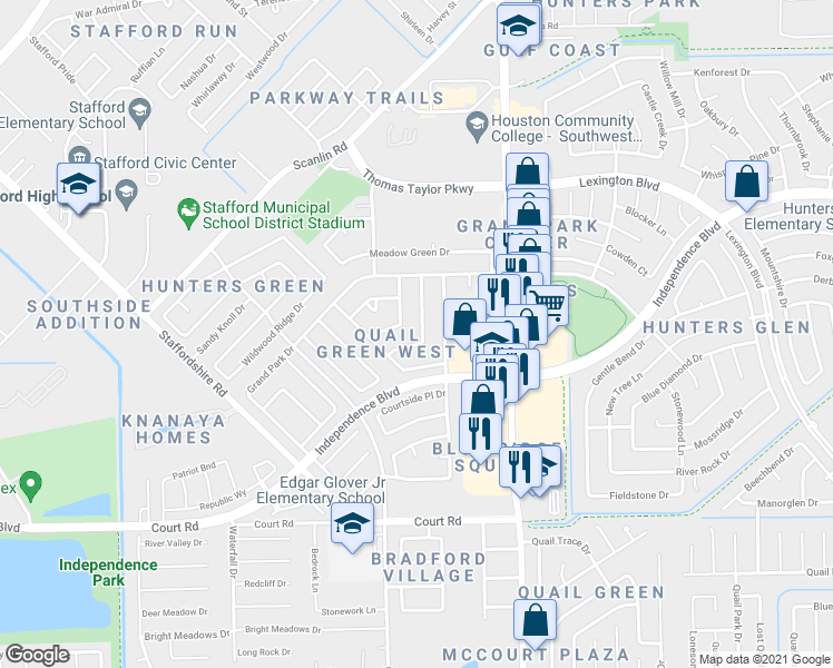 map of restaurants, bars, coffee shops, grocery stores, and more near 2002 Highcrest Drive in Missouri City