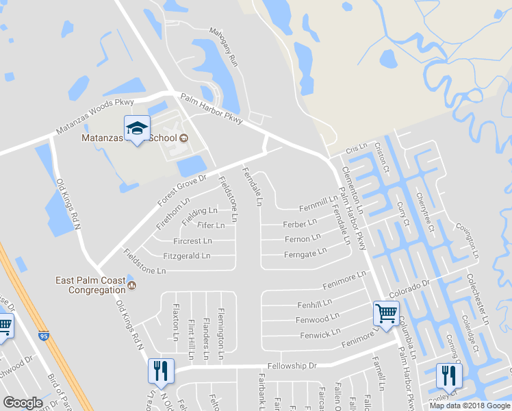 map of restaurants, bars, coffee shops, grocery stores, and more near 22 Ferndale Lane in Palm Coast
