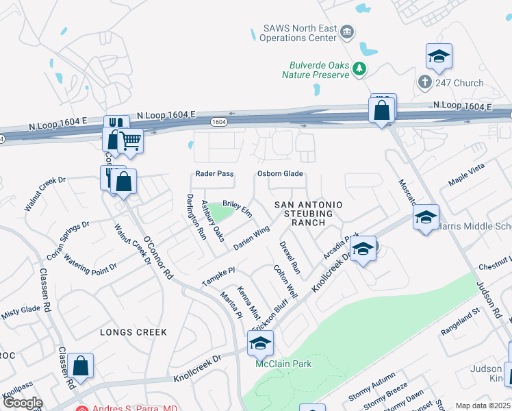 map of restaurants, bars, coffee shops, grocery stores, and more near 4706 Emden Hollow in San Antonio