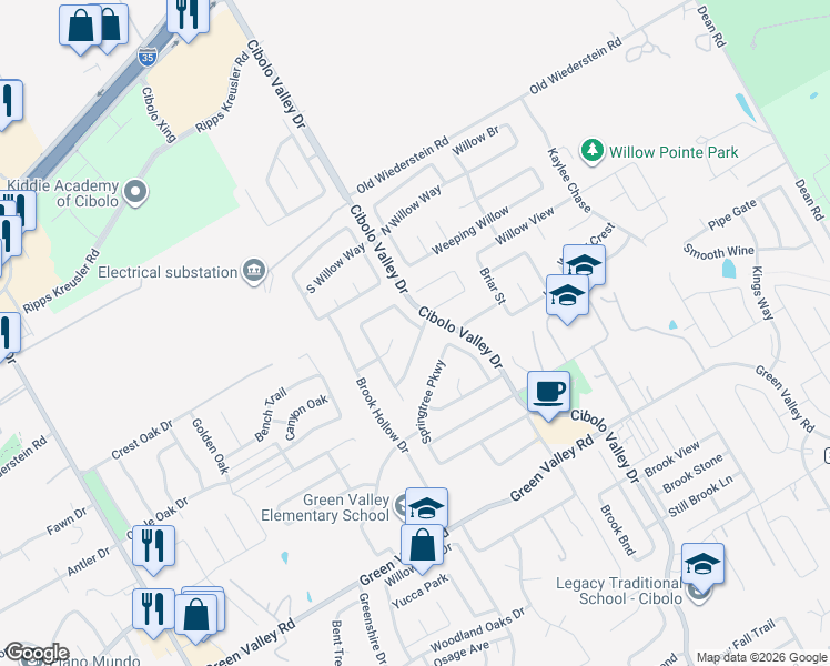 map of restaurants, bars, coffee shops, grocery stores, and more near 104 Springtree Cliff in Cibolo