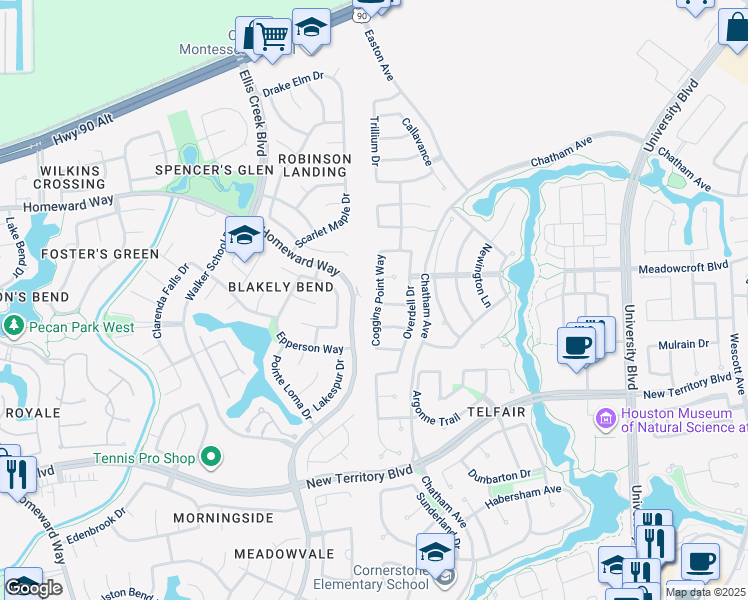 map of restaurants, bars, coffee shops, grocery stores, and more near 718 Cogginpoits Way in Sugar Land