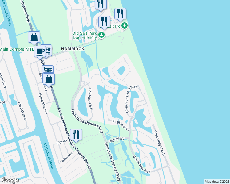 map of restaurants, bars, coffee shops, grocery stores, and more near 24 Las Palmas Way in Palm Coast
