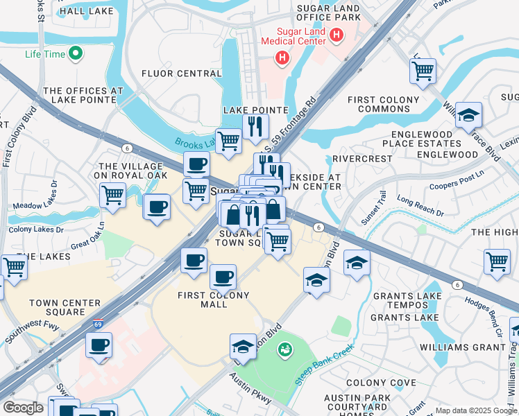 map of restaurants, bars, coffee shops, grocery stores, and more near 2171 Texas Drive in Sugar Land