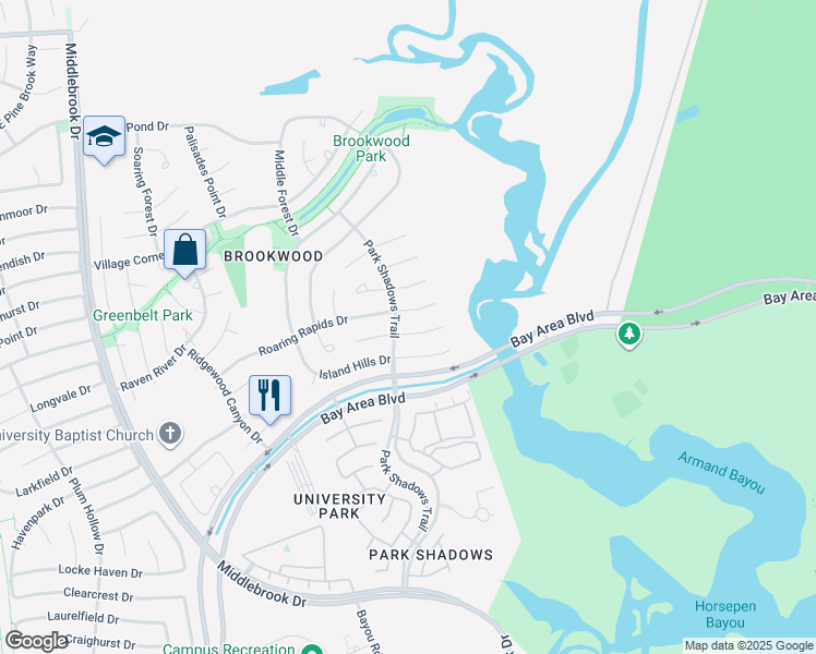 map of restaurants, bars, coffee shops, grocery stores, and more near 4234 Roaring Rapids Drive in Houston