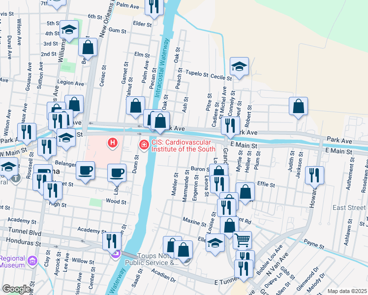 map of restaurants, bars, coffee shops, grocery stores, and more near 116 Mahler Street in Houma
