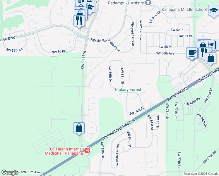 map of restaurants, bars, coffee shops, grocery stores, and more near 8637 Southwest 61st Place in Gainesville