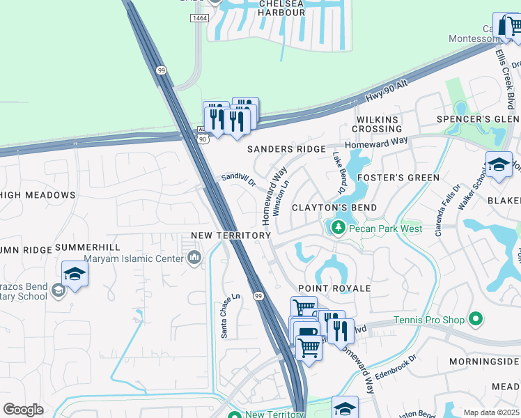 map of restaurants, bars, coffee shops, grocery stores, and more near 622 Avery Drive in Sugar Land