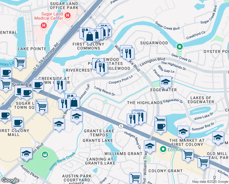 map of restaurants, bars, coffee shops, grocery stores, and more near 1915 Liberty Point Lane in Sugar Land
