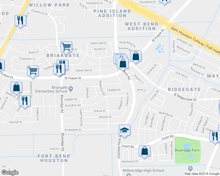 map of restaurants, bars, coffee shops, grocery stores, and more near 6650 Laughlin Drive in Missouri City