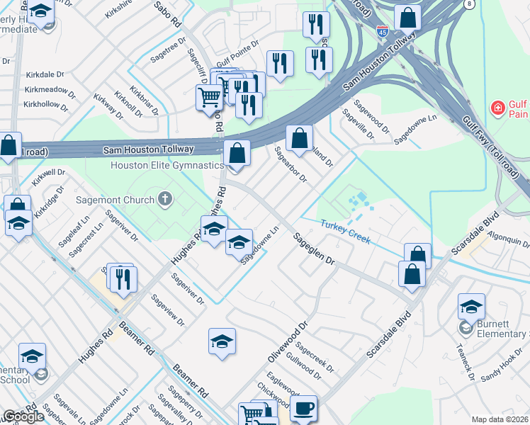 map of restaurants, bars, coffee shops, grocery stores, and more near 11427 Sagehurst Lane in Houston