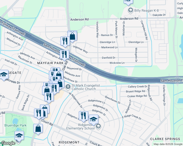 map of restaurants, bars, coffee shops, grocery stores, and more near 15532 Vandalia Way in Houston