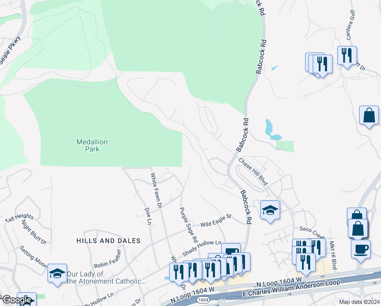 map of restaurants, bars, coffee shops, grocery stores, and more near 7430 Moss Brook Drive in San Antonio