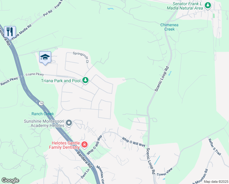 map of restaurants, bars, coffee shops, grocery stores, and more near 16518 Meseta in Helotes
