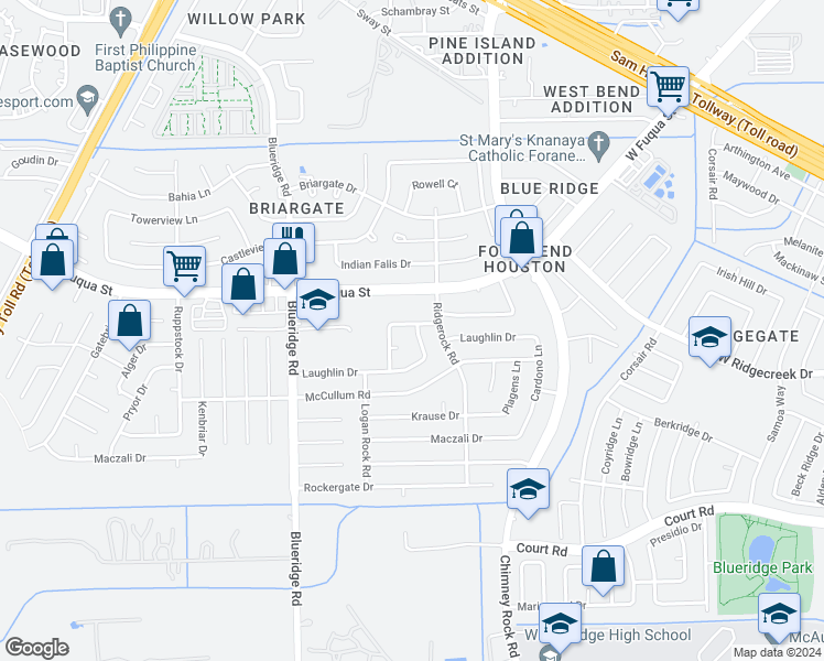 map of restaurants, bars, coffee shops, grocery stores, and more near 6803 Stiller Drive in Missouri City