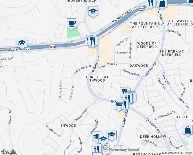 map of restaurants, bars, coffee shops, grocery stores, and more near 2680 Inwood Briar in San Antonio