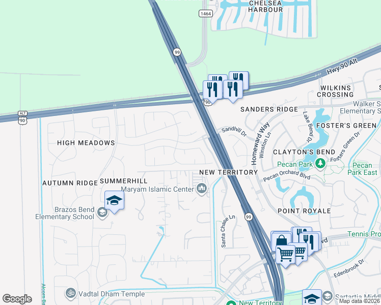 map of restaurants, bars, coffee shops, grocery stores, and more near 4723 Silverlake Drive in Sugar Land