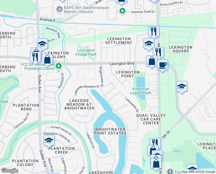 map of restaurants, bars, coffee shops, grocery stores, and more near 4311 Lakeside Meadow Drive in Missouri City