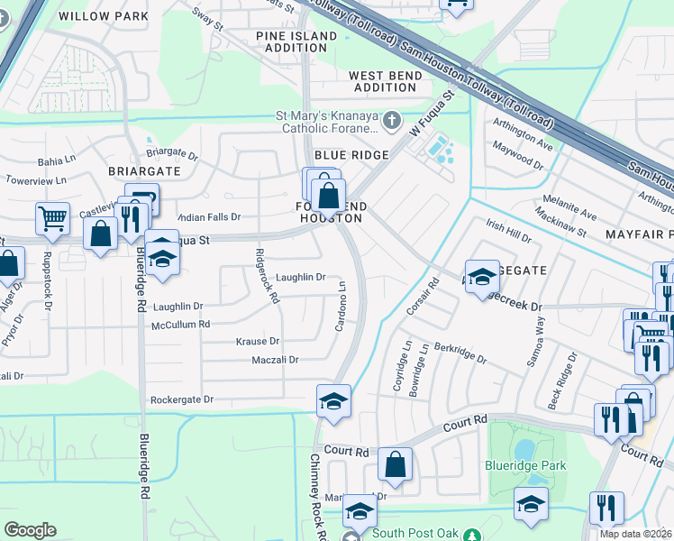 map of restaurants, bars, coffee shops, grocery stores, and more near 15762 Chimney Rock Road in Missouri City