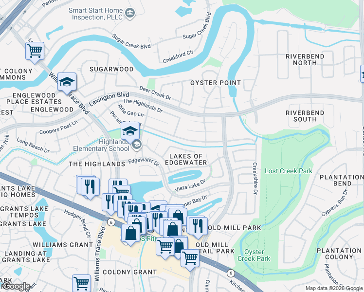 map of restaurants, bars, coffee shops, grocery stores, and more near 3310 Pecan Point Drive in Sugar Land