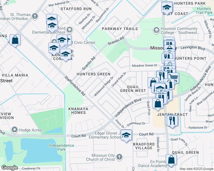 map of restaurants, bars, coffee shops, grocery stores, and more near 1929 Wildwood Ridge Drive in Missouri City