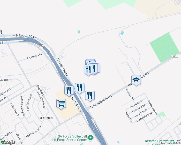 map of restaurants, bars, coffee shops, grocery stores, and more near 6909 North Loop 1604 East in San Antonio