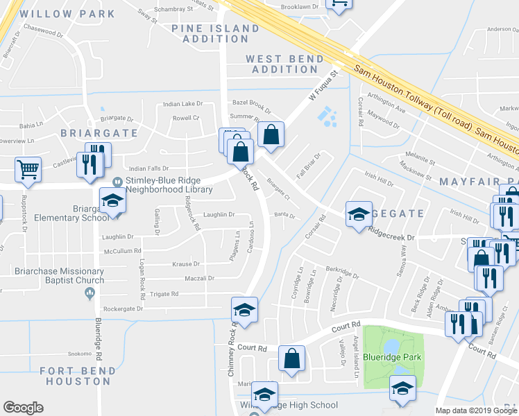 map of restaurants, bars, coffee shops, grocery stores, and more near 15762 Chimney Rock Road in Missouri City