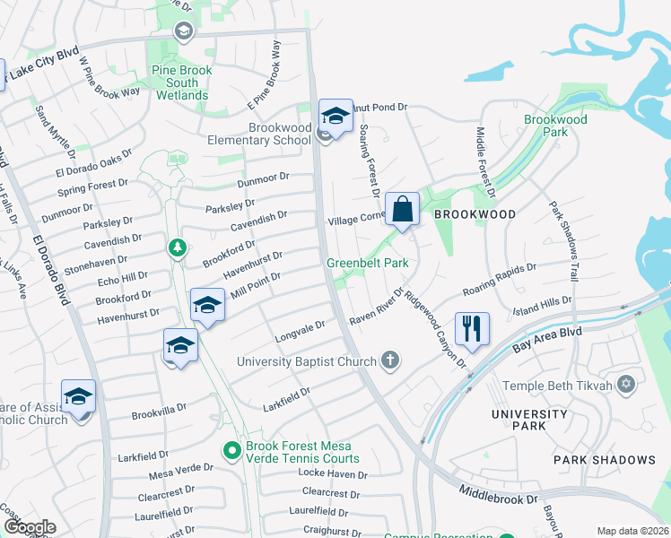 map of restaurants, bars, coffee shops, grocery stores, and more near 16451 Mill Point Drive in Houston